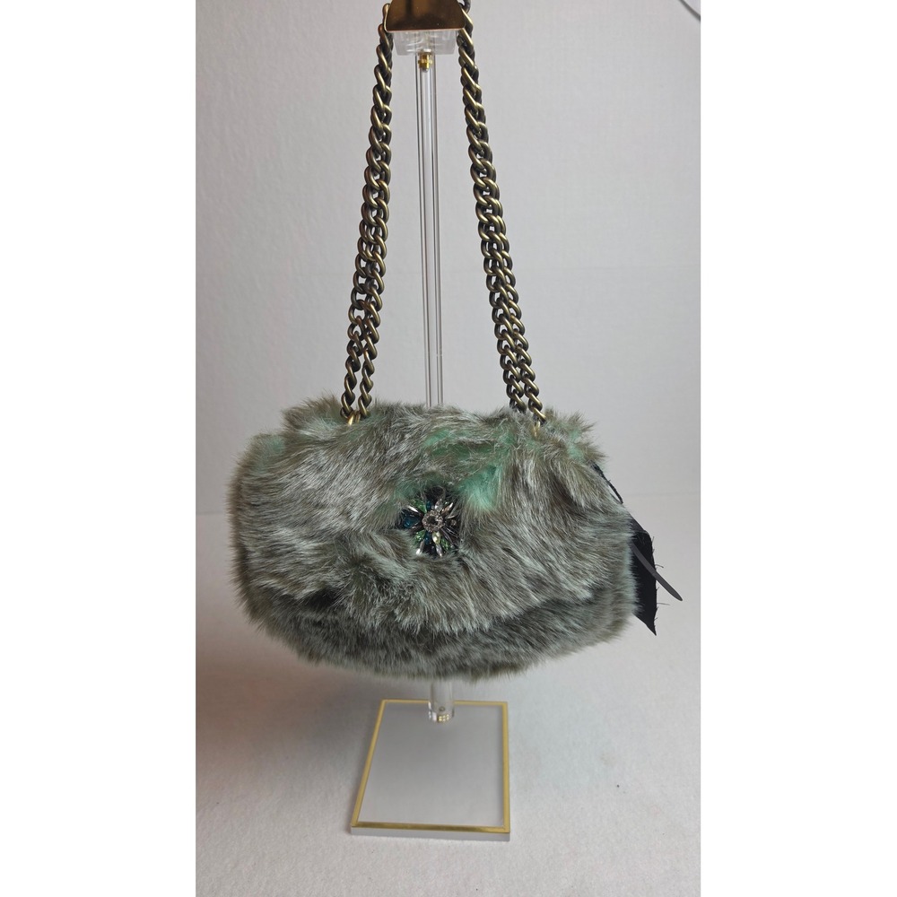 Cleobella Gypset Faux Fur Shoulder Bag Grey Mint Green Crystal Brooch Chain